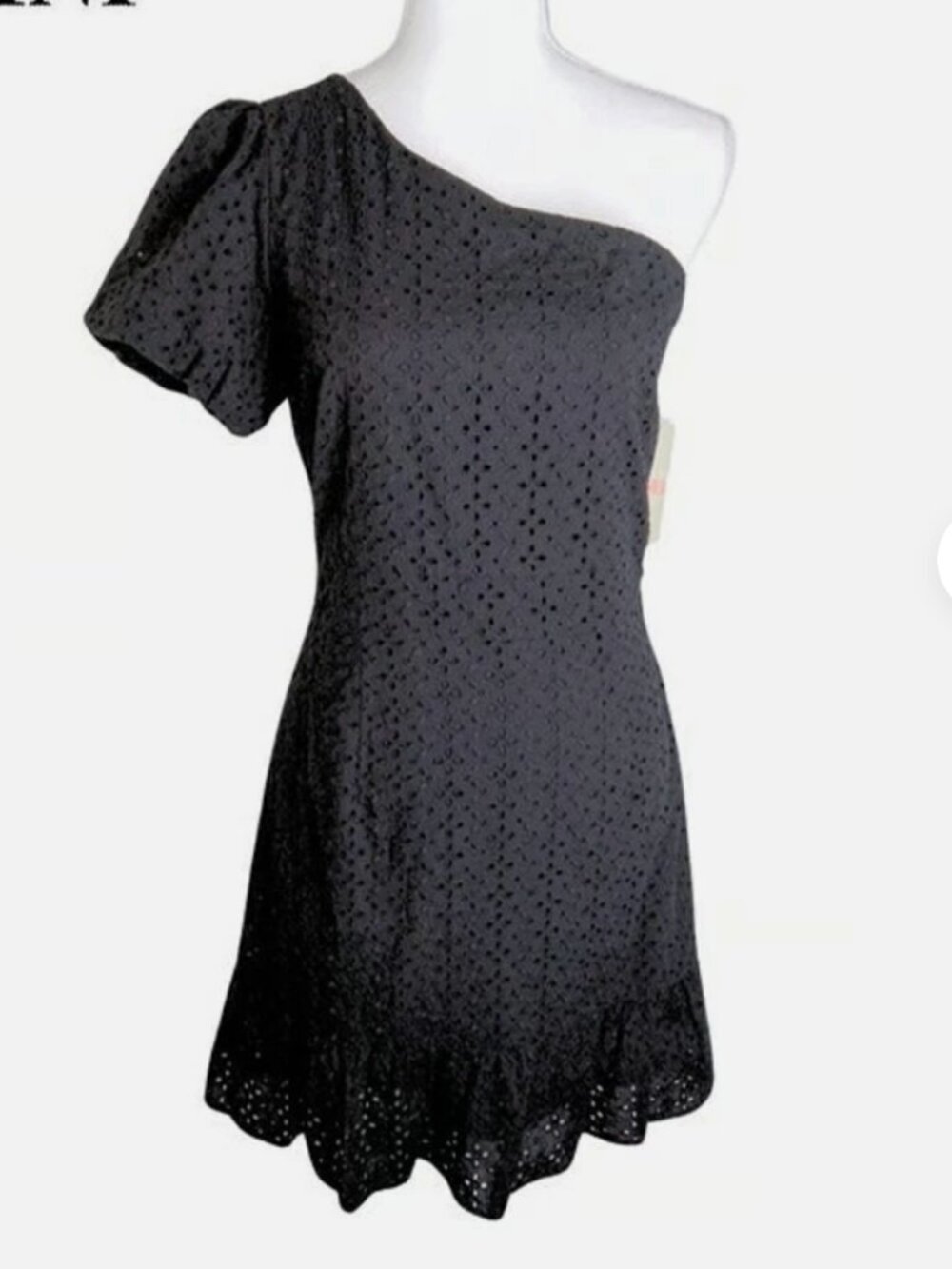 Gianni Bini  Black One Shoulder Eyelet Mini Ruffle A Line Dress Size Large